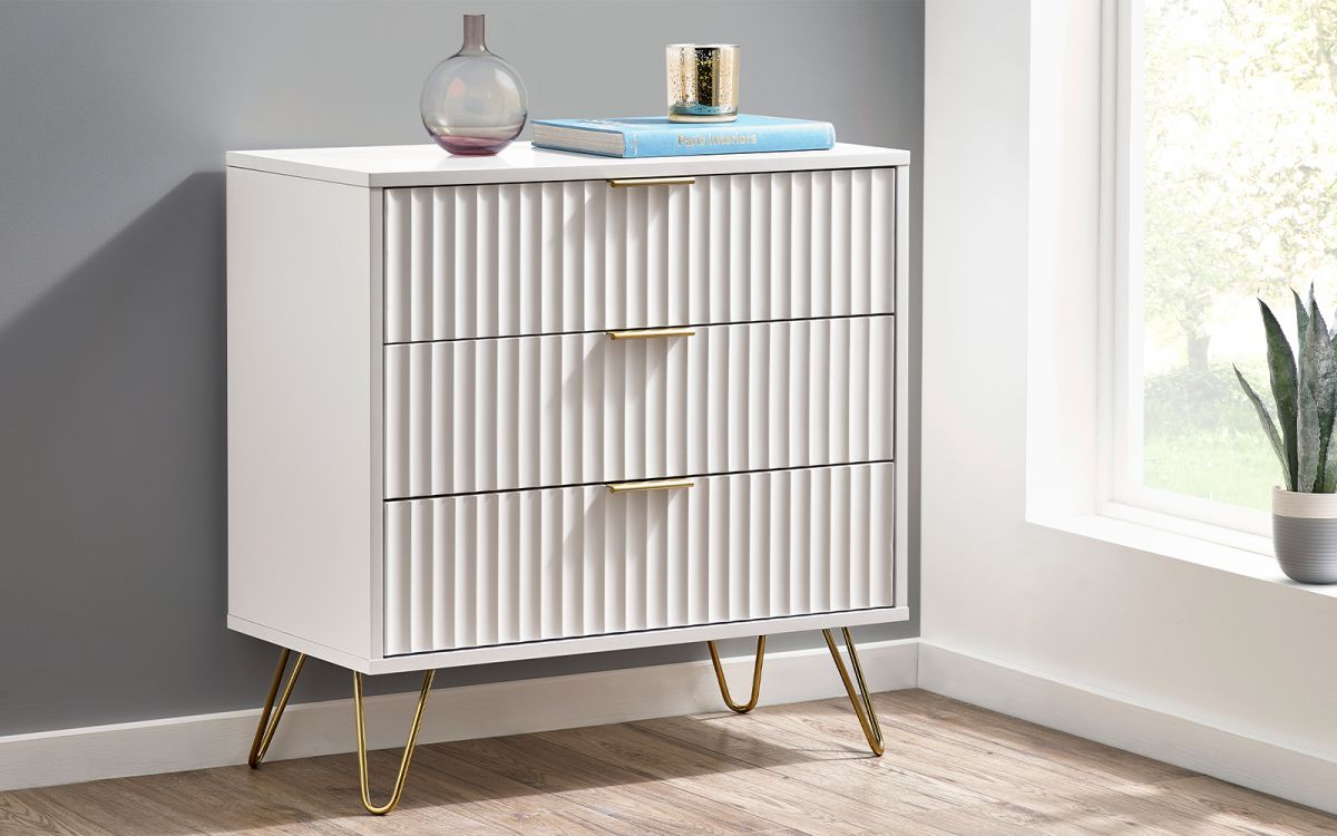 Murano 3 Drawer Chest - Matte White | Chic Design with Gold Accents