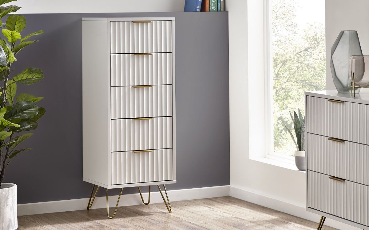 Murano 5 Drawer Tallboy - Matte White | Stylish Storage with Sculpted Front