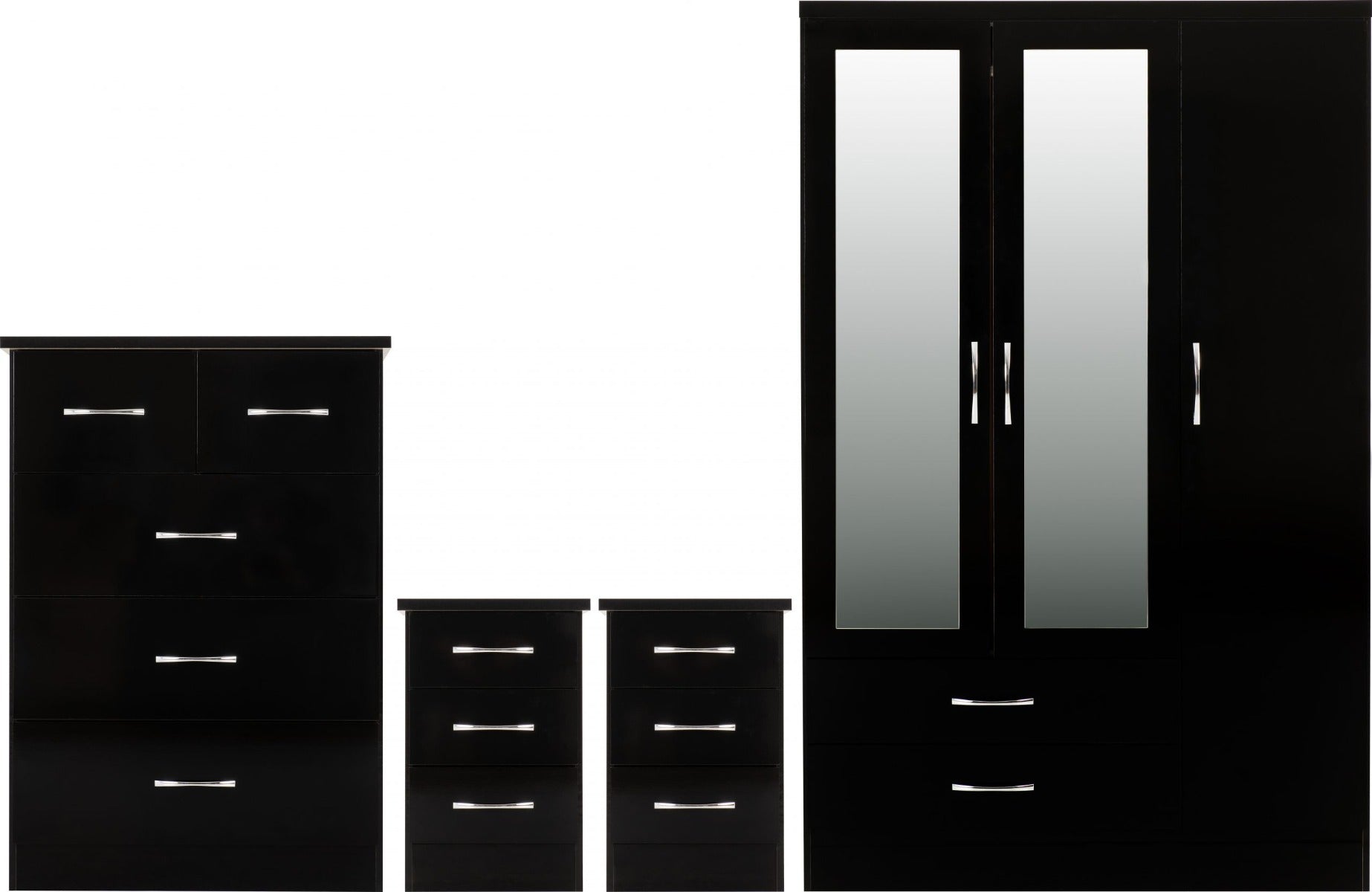 Nevada Black Gloss 3 Door 2 Drawer Mirrored Wardrobe Bedroom Set