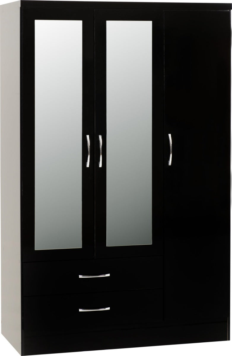 Nevada Black Gloss 3 Door 2 Drawer Mirrored Wardrobe Bedroom Set