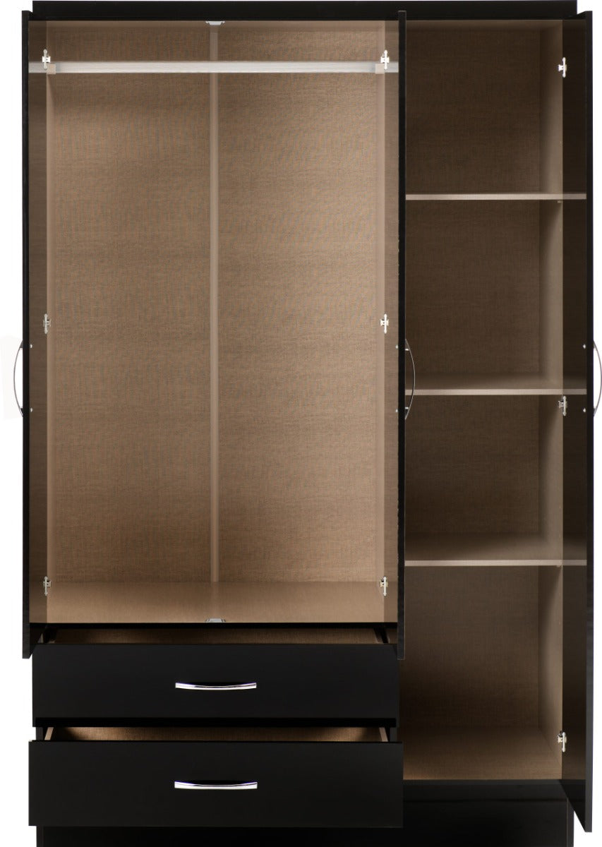 Nevada Black Gloss Mirrored Wardrobe with 3 Doors and 2 Drawers
