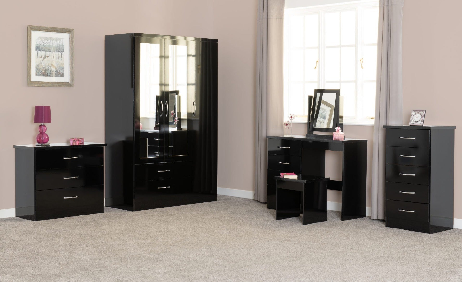 Nevada Black Gloss 4 Drawer Dressing Table Set