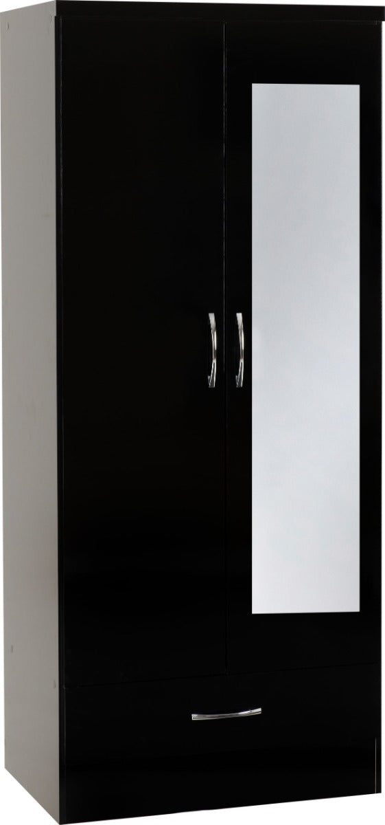 Nevada Black Gloss Mirrored 2 Door 1 Drawer Wardrobe