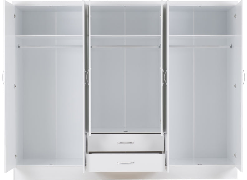 Nevada White Six Door Mirrored Wardrobe - inside