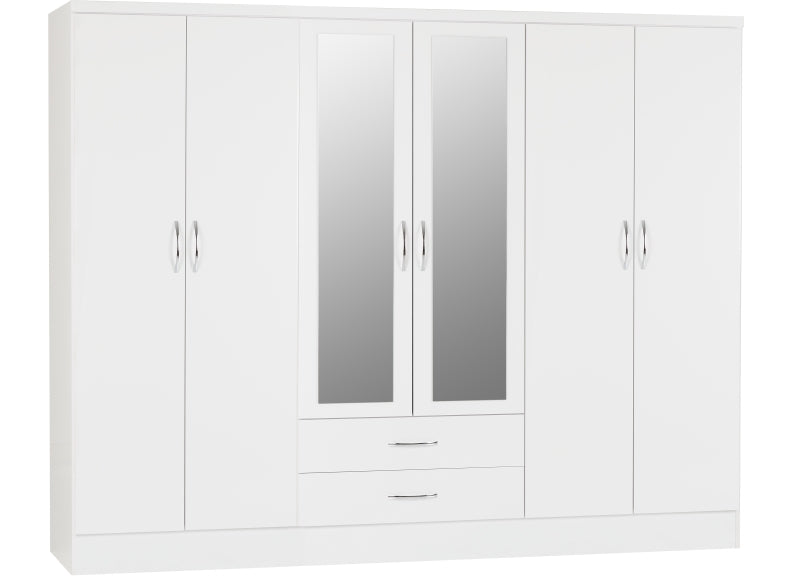 Nevada White Six Door Mirrored Wardrobe - 1