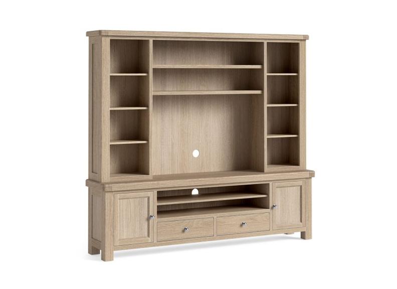 Normandy 2.18 m Media Unit | Extra Long Stand With Optional Hutch Top In A Whitewashed Finish