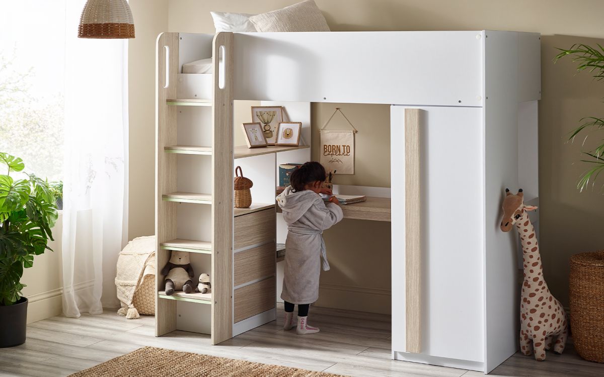 Ocean Highsleeper - Pale Wood & White | Space-Saving Bed with Desk & Storage