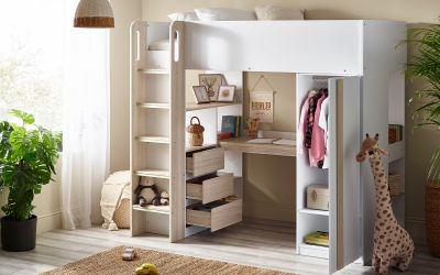 Ocean Highsleeper - Pale Wood & White | Space-Saving Bed with Desk & Storage