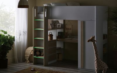 Ocean Highsleeper - Pale Wood & White | Space-Saving Bed with Desk & Storage