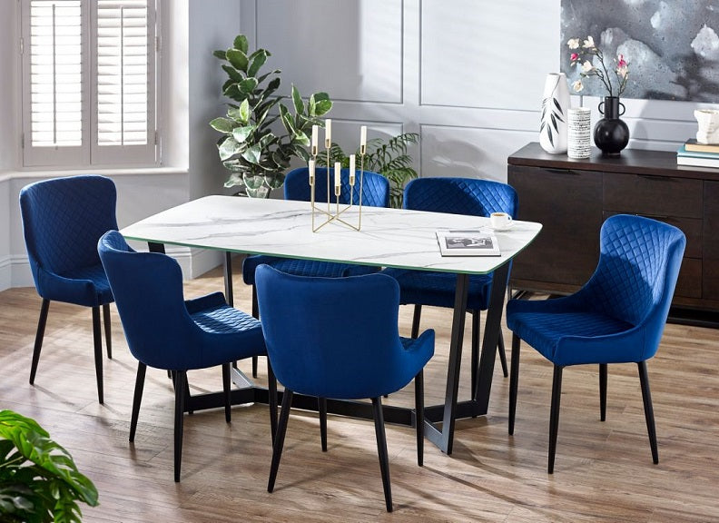 Olympus White Marble Effect Table W/Luxe Blue Velvet Chairs