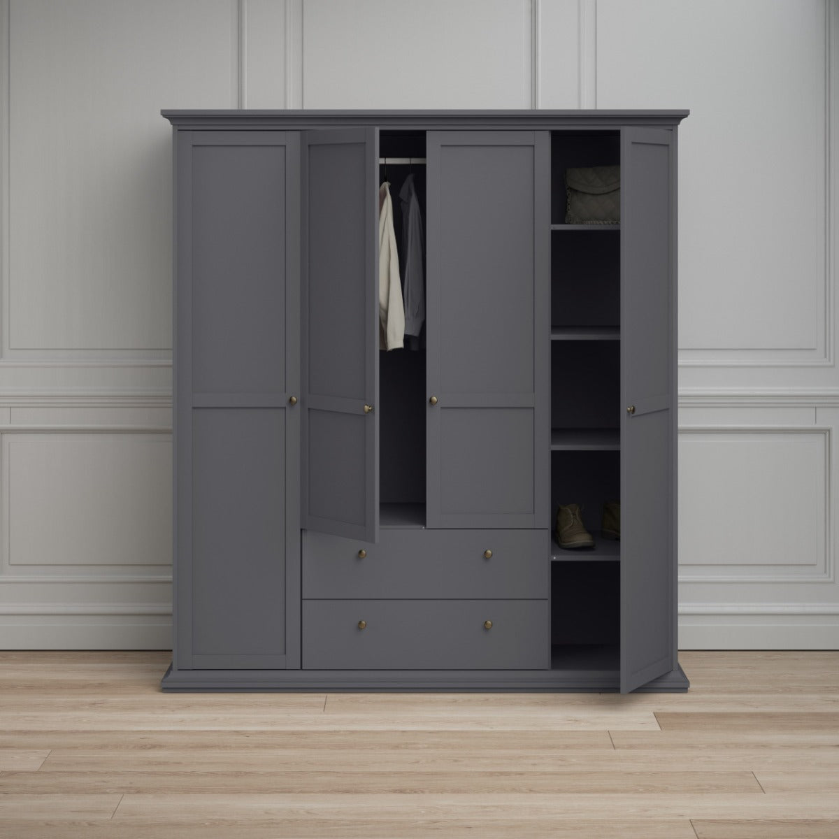 Paris Wardrobe with 4 doors + 2 drawers - Grey