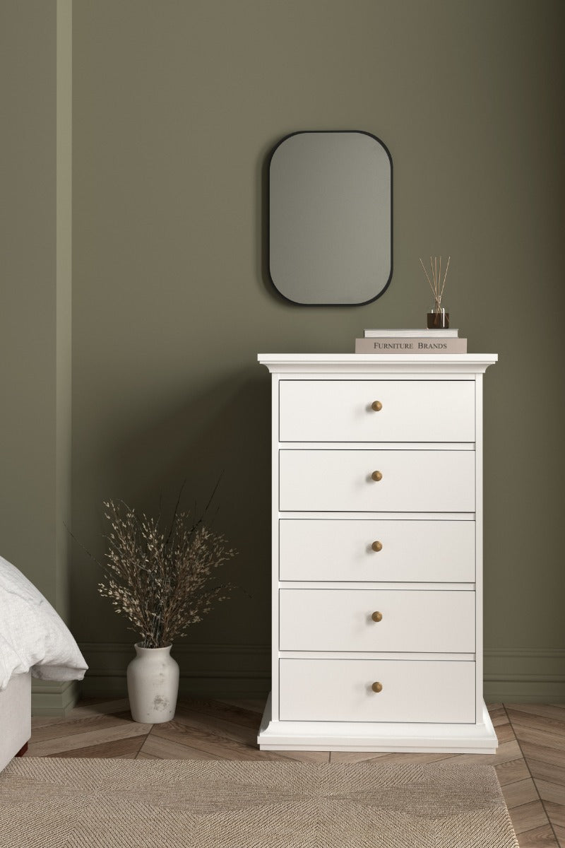 Elegant White 5 Drawer Chest - Paris Collection