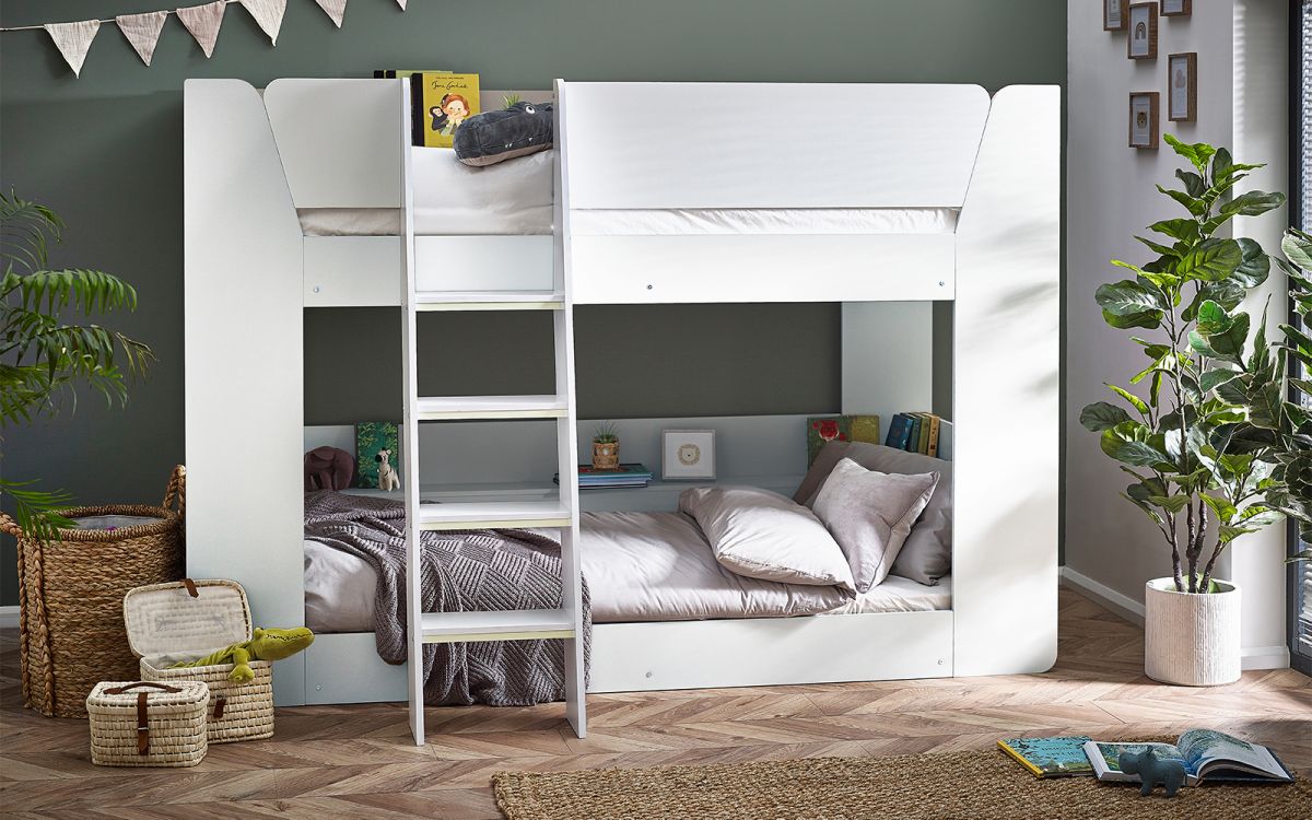 Parsec Bunk Bed - All White with Built-In Shelving and Ladder