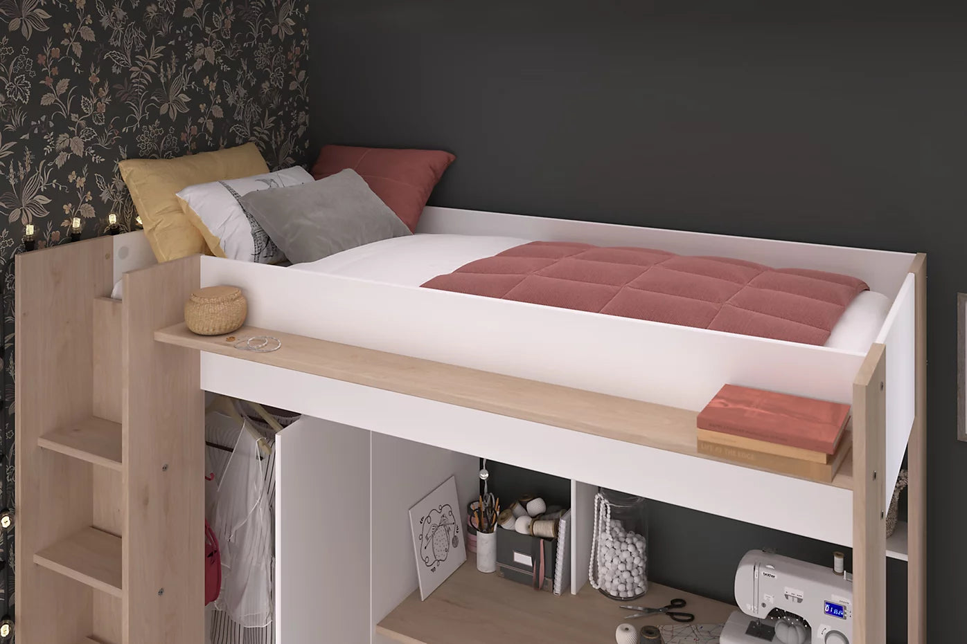 Heavy High Sleeper – White & Oak with Integrated Desk