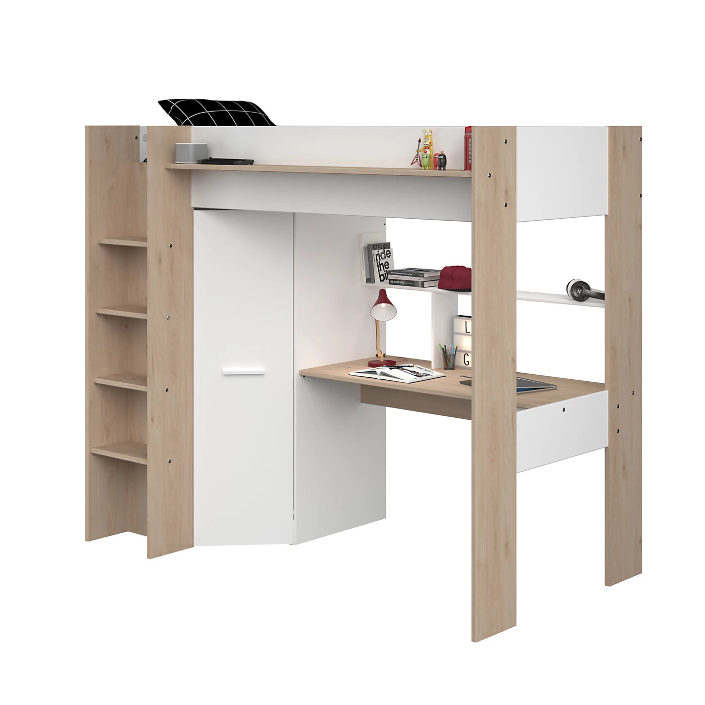 Heavy High Sleeper – White & Oak with Integrated Desk