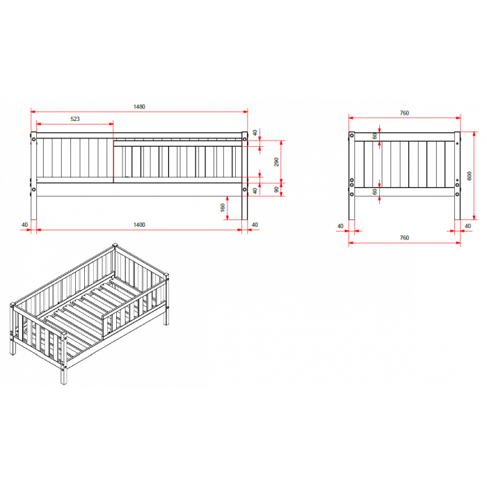 PEUTERBED 70 TODDLER BED 70 X 140 CM GREY