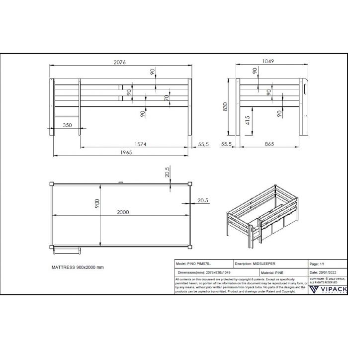PINO MID SLEEPER H85CM WITH LADDER 90 X 200 CM GREY