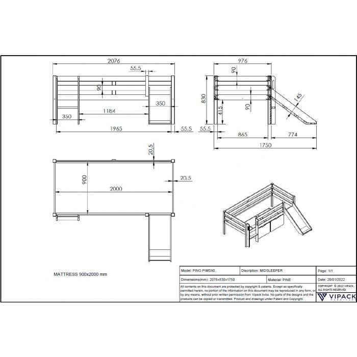 PINO MID SLEEPER H85CM WITH SLIDE 90 X 200 CM WHITE