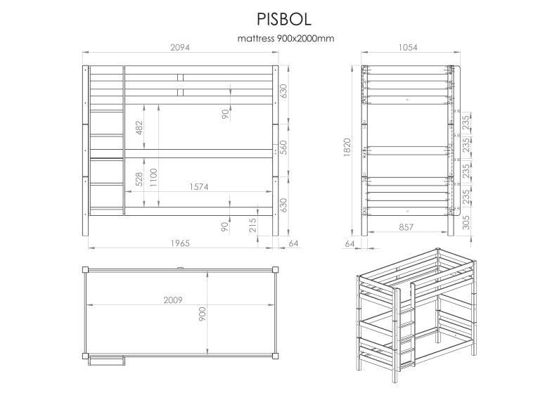 Pino 180 High Bunk Bed - dimensions
