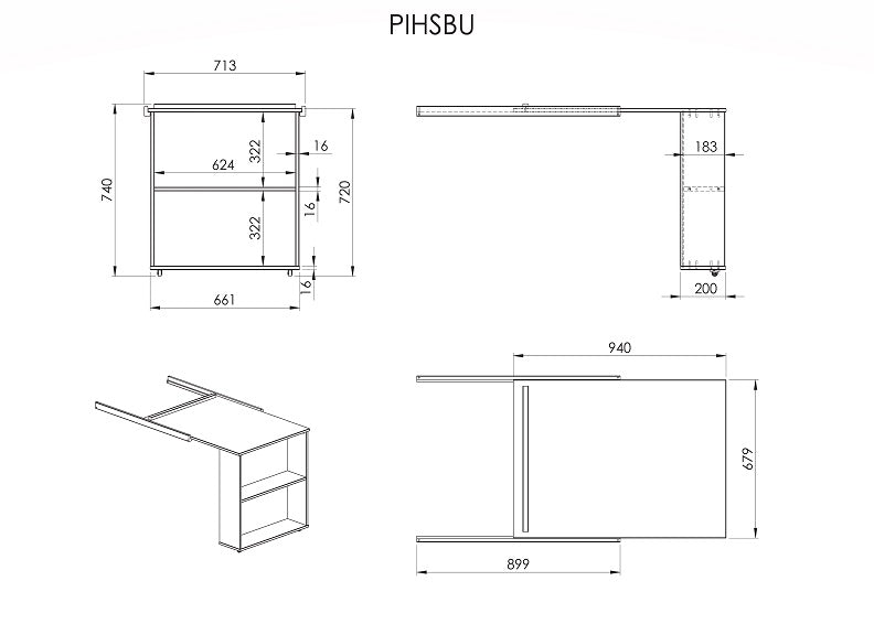Pino white Pull-Out Desk Dimensions