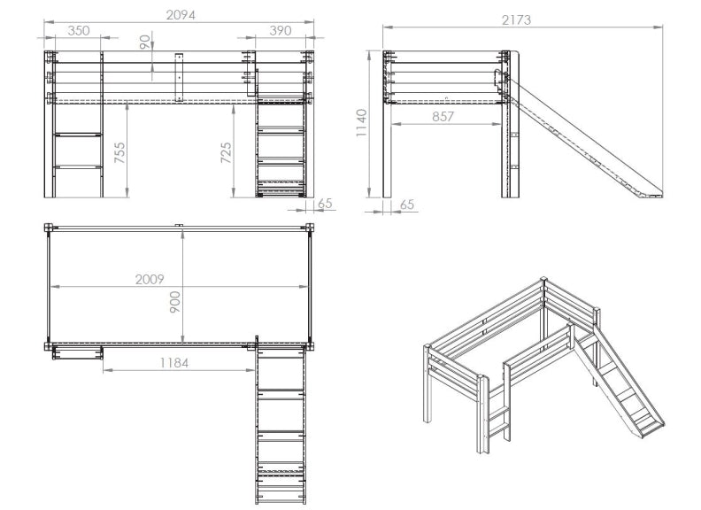 Pino Mid-Sleeper W/Slide - dimensions