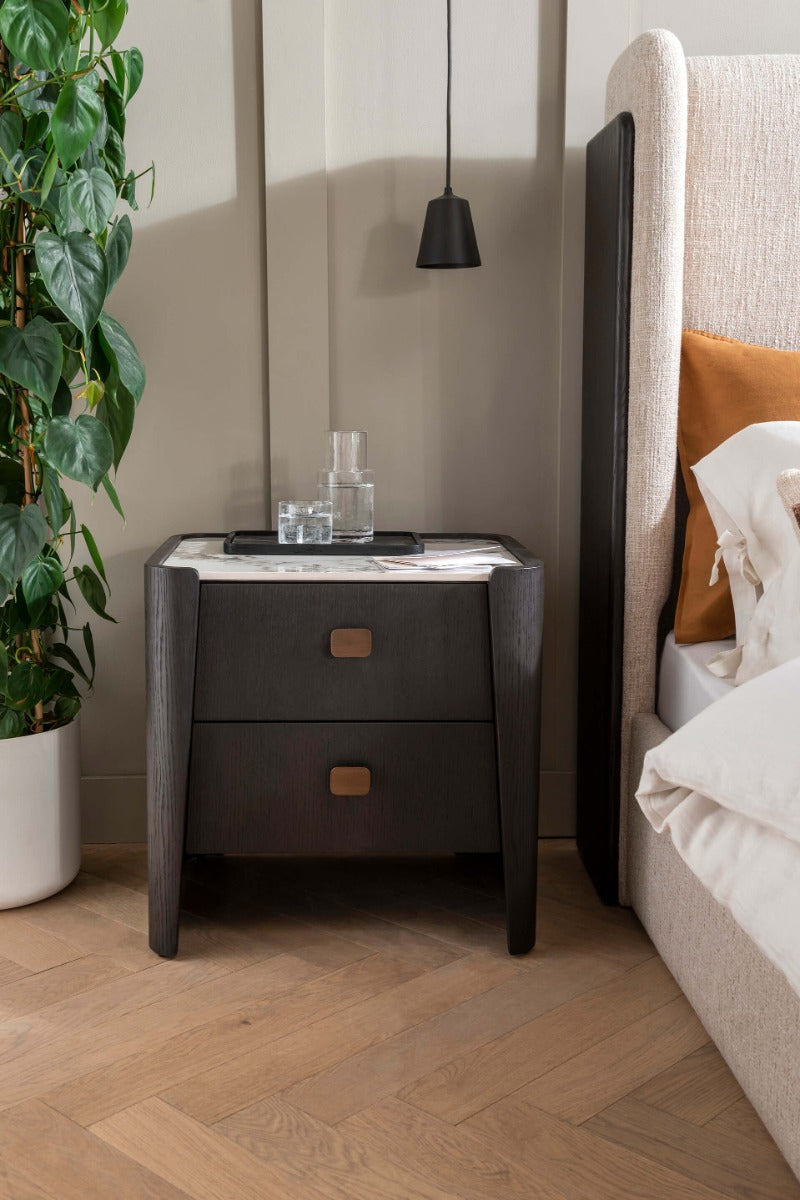 Rhodes 2 Drawer Bedside Table in Ebony – Luxury Bedside Table with Sintered Stone Top and Copper Handles