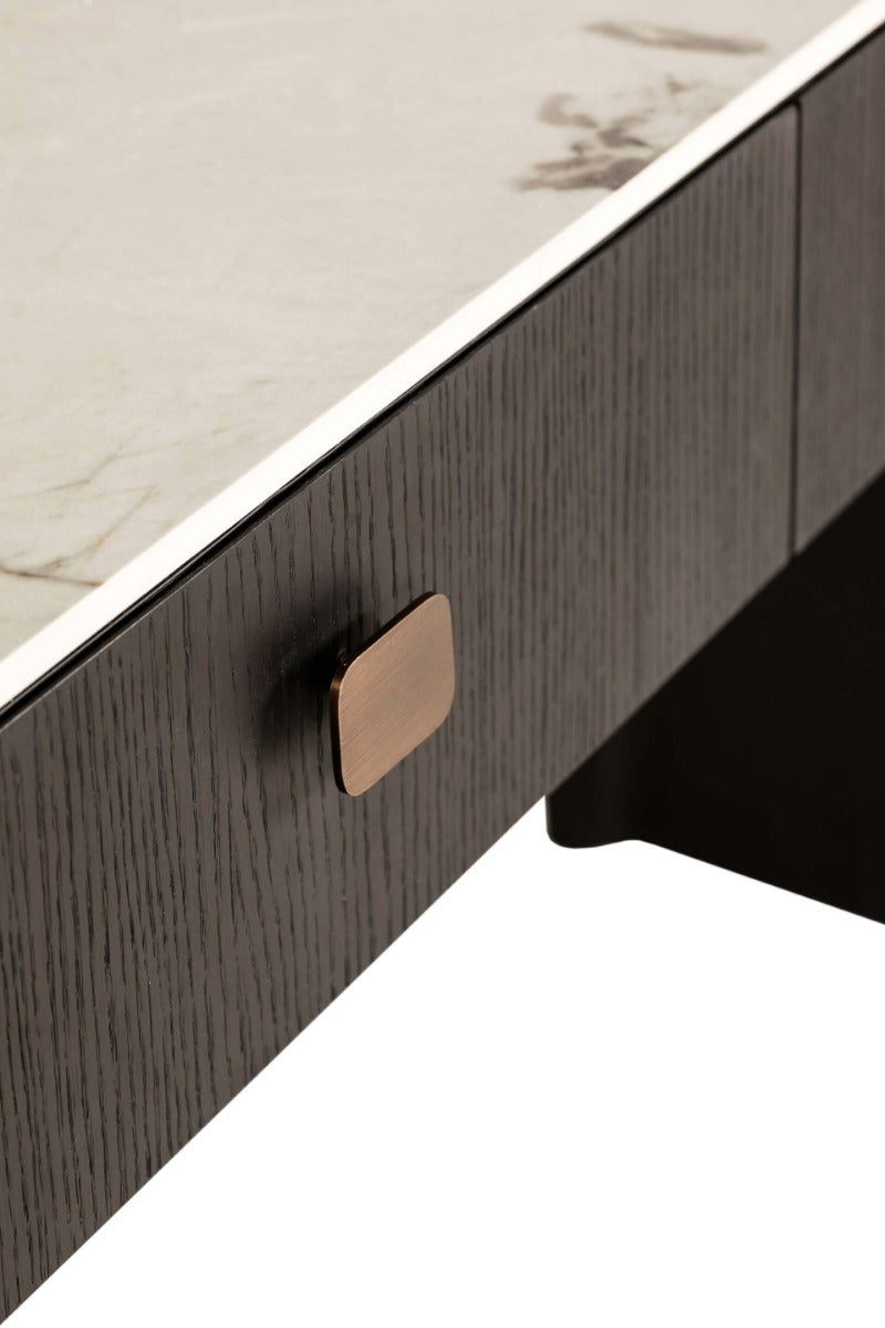 Rhodes 2 Drawer Dressing Table in Ebony – Luxury Dressing Table with Sintered Stone Top and Copper Handles
