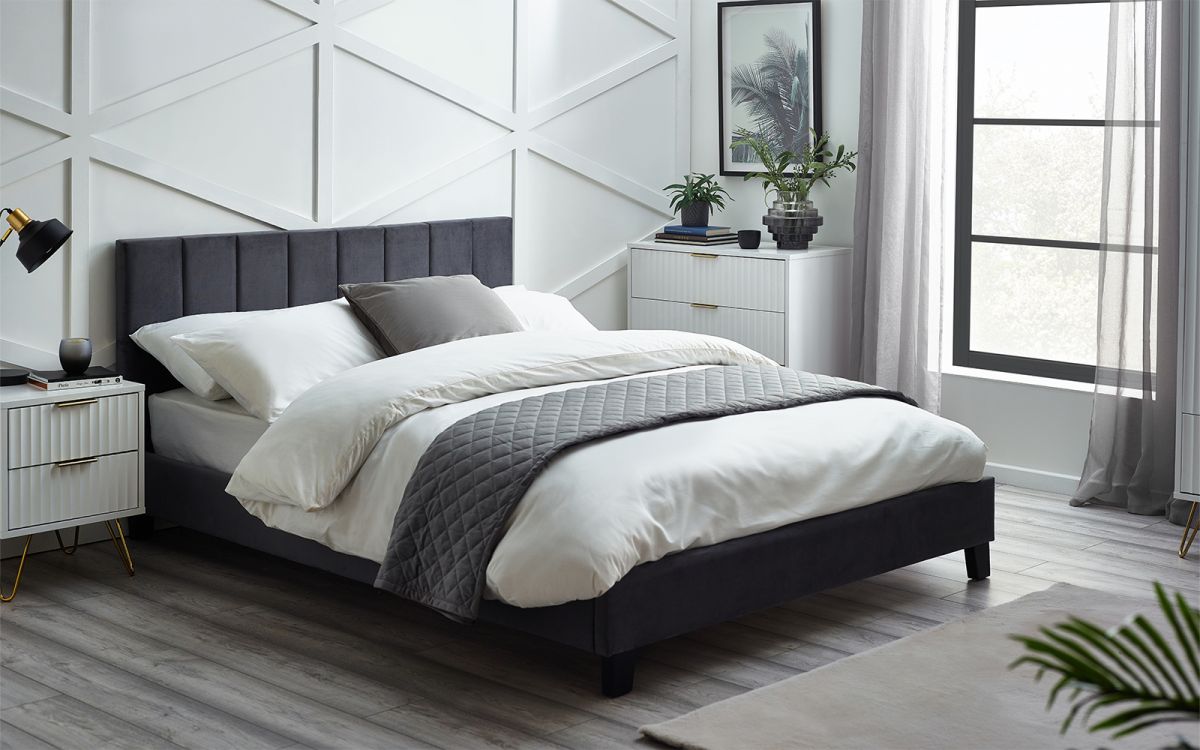 Rosa Velvet Bed In A Box 135cm - Grey | Stylish Fluted Headboard