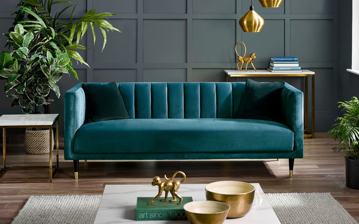 Salma Scalloped Back 3 Seater - Teal | Luxurious Velvet Sofa with Brass Tip Legs