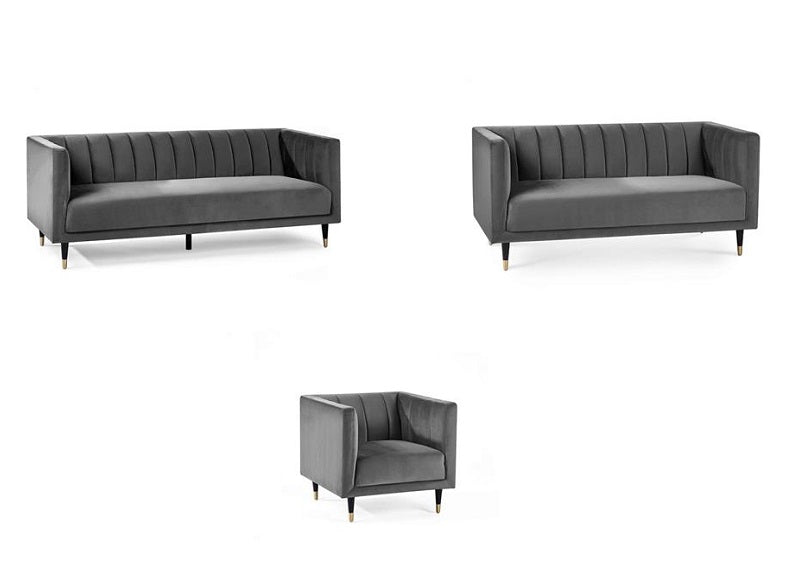 Salma Scalloped 3+2+1 Sofas - Grey | Luxurious Velvet Sofas with Brass Tip Legs