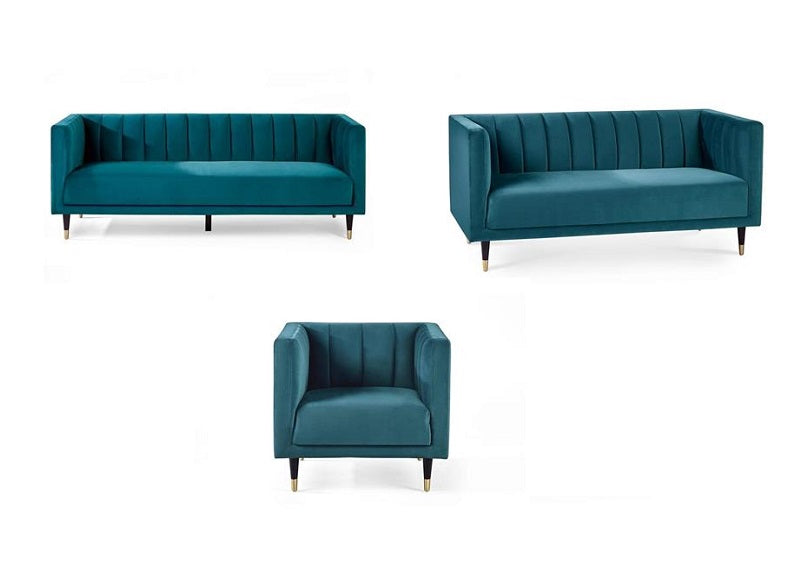 Salma Scalloped 3+2+1 Sofas - Teal | Luxurious Velvet Sofas with Brass Tip Legs