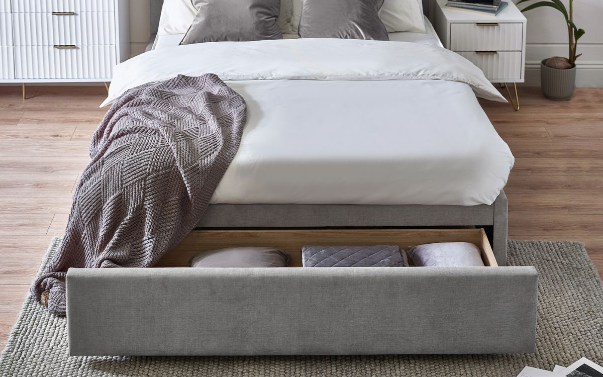 Savannah Double Bed 150cm - Grey | Velvet Upholstered Bed with Storage Drawer