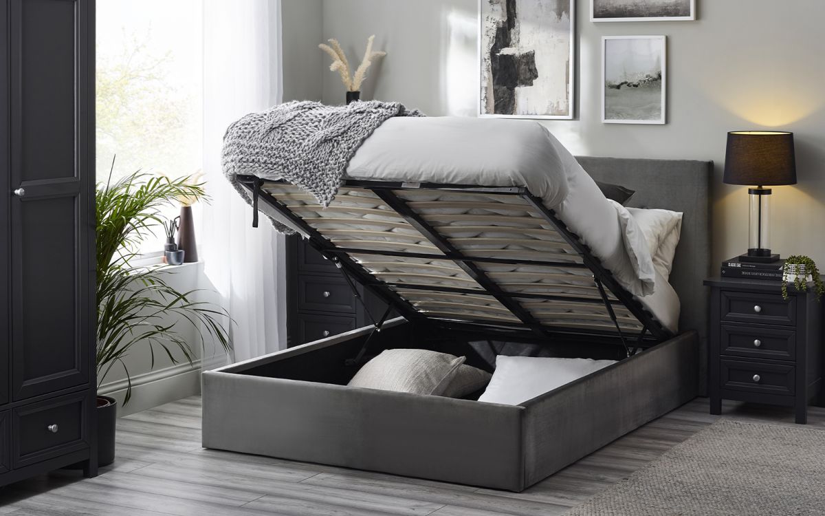 Shoreditch High Headboard Lift-Up Storage Bed 135cm | Luxurious Slate Grey Velvet with Ample Storage