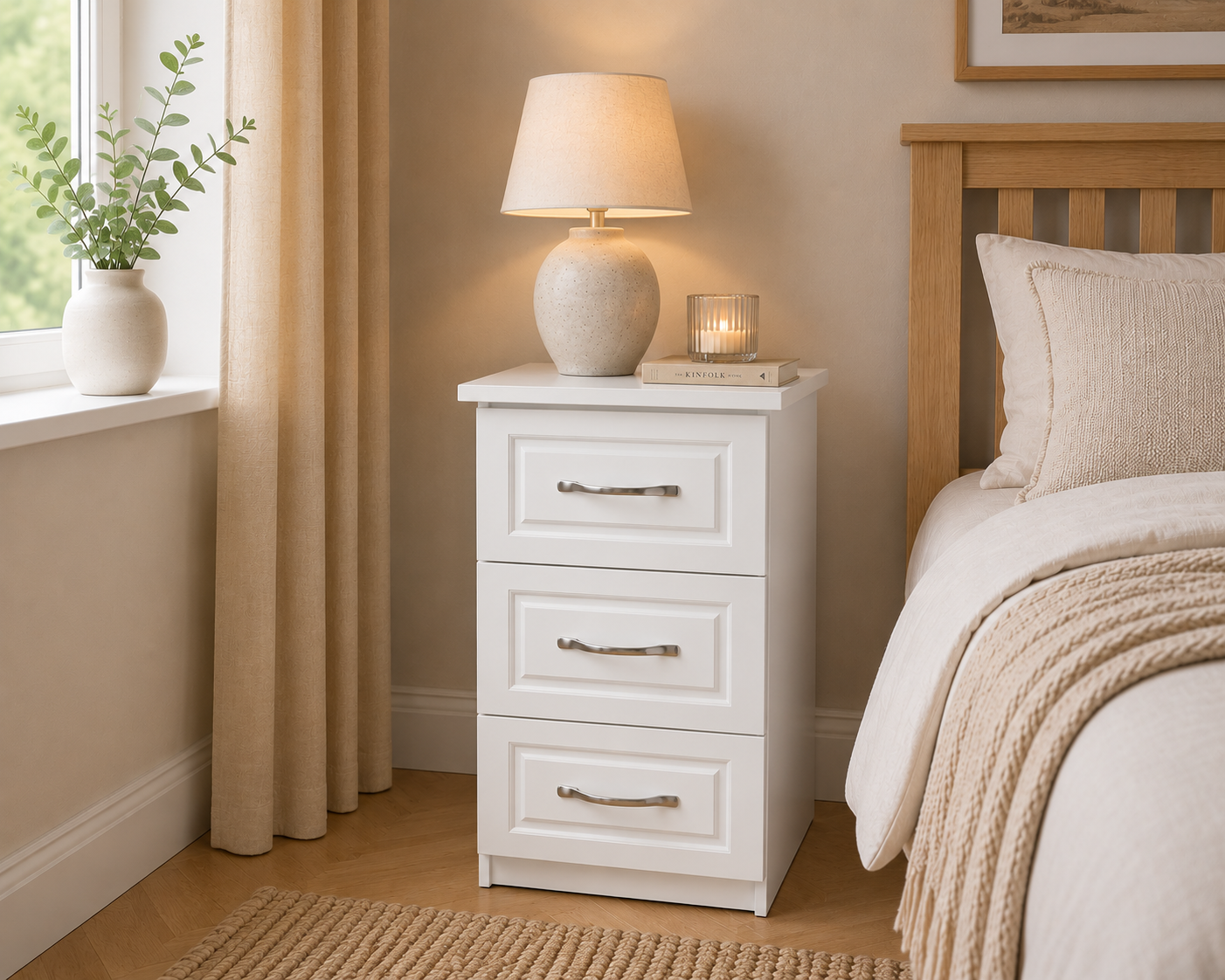 Slaney Bedside Table – White with 3 Drawers