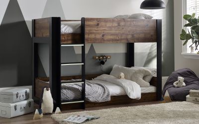 Solomon Bunk Bed - Rustic Wood & Black Finish with Glow-in-the-Dark Steps | Stylish & Safe