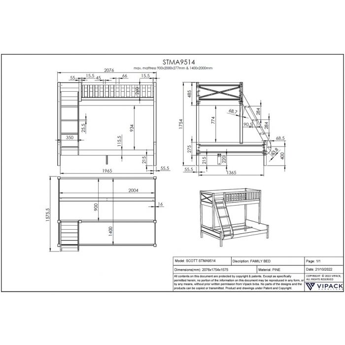 SCOTT FAMILYBED 140 X 200 CM + 90 X 200 CM WHITE