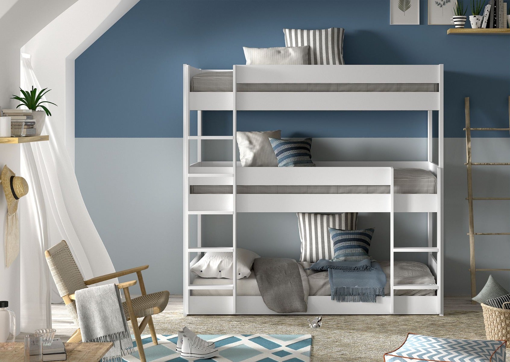 SCOTT Triple Bunk Bed 90 x 200 cm in White – Stylish FSC-Certified Pine | Free Nationwide Delivery by Homeline Furniture