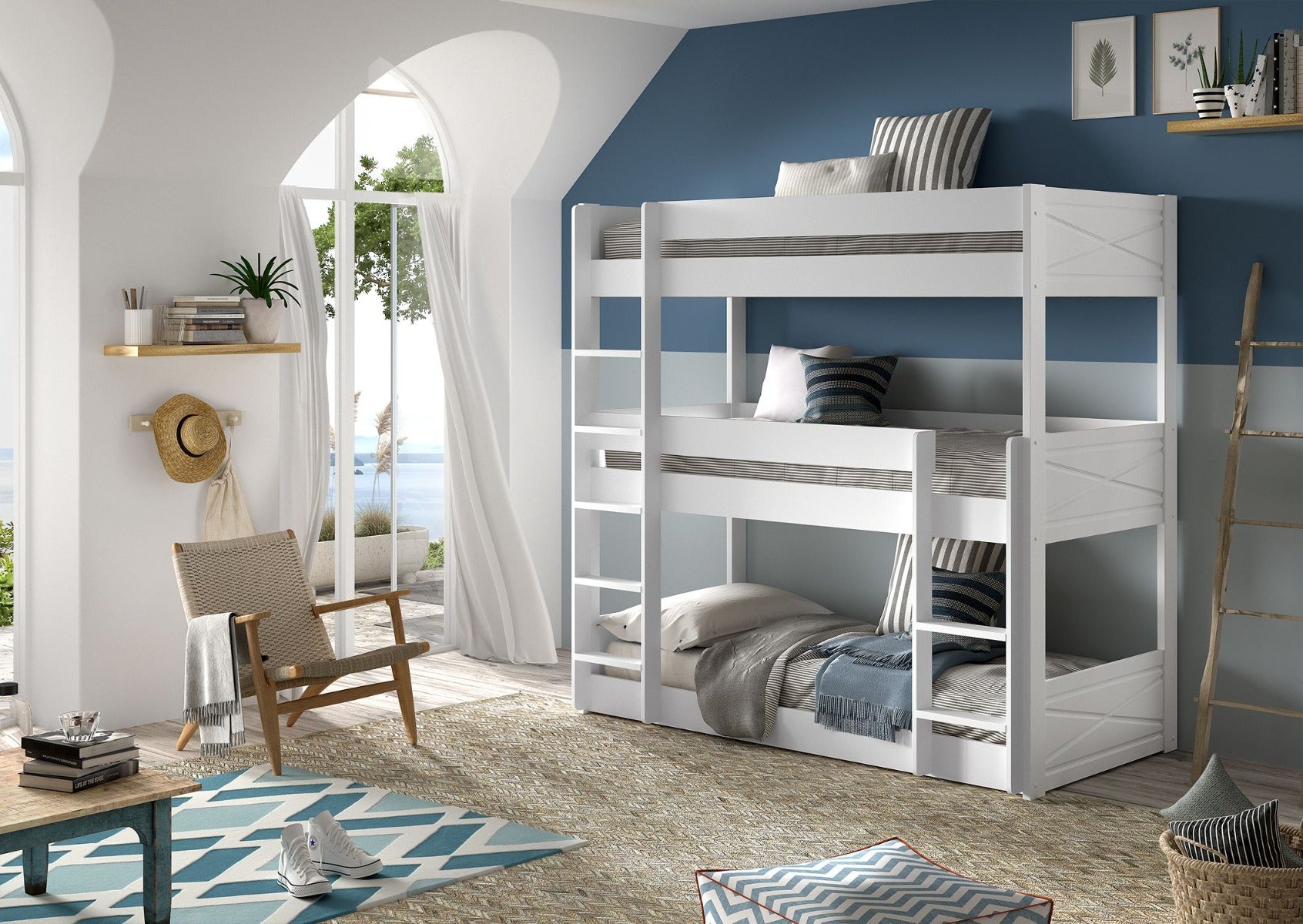 SCOTT Triple Bunk Bed 90 x 200 cm in White – Stylish FSC-Certified Pine | Free Nationwide Delivery by Homeline Furniture