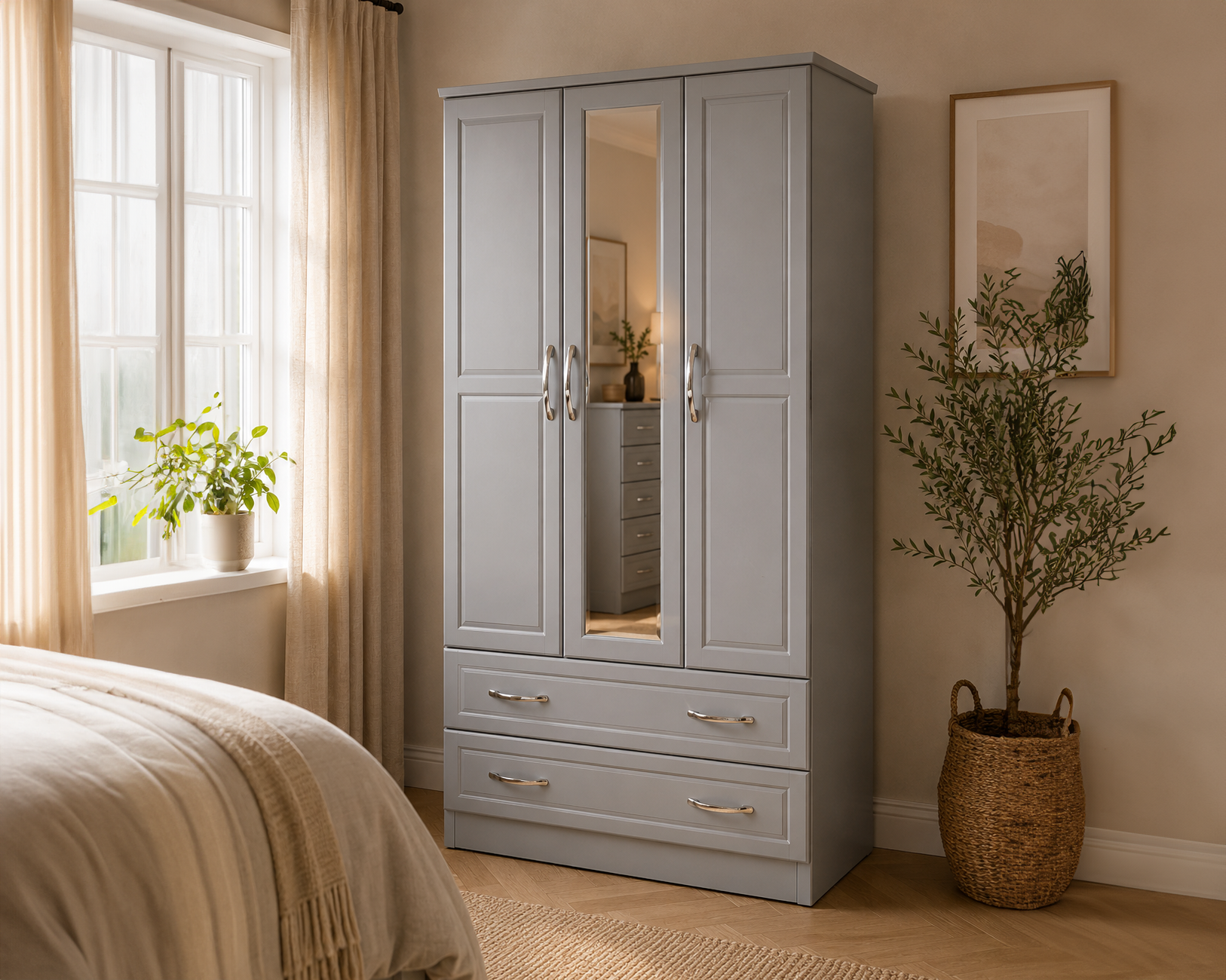 Tromso Three Door Mirrored Wardrobe – Dove Grey with Two Drawers