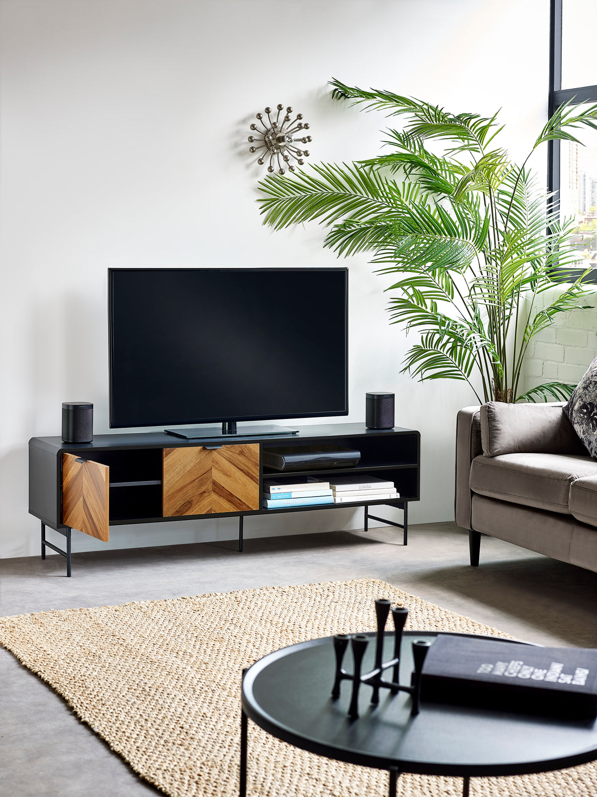 Alvin Black and Natural Wood‑Effect 65" TV Unit