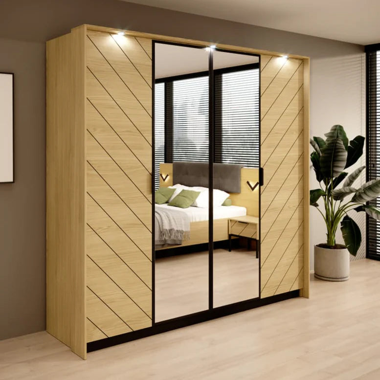Verso 2.2m Hinged Wardrobe with Mirror Doors, Built-In Lights and free EXPRESS DELIVERY