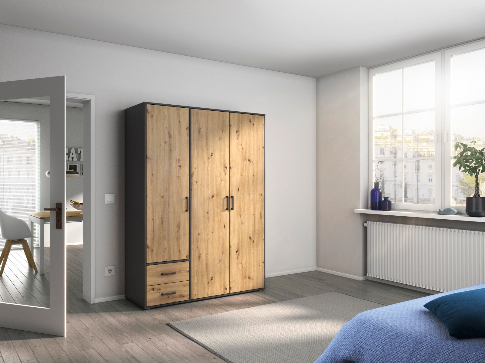 Rauch Voyager 3-Door 2-Drawer Wardrobe – Stylish Storage in Grey/White or Grey/Oak | Free Express Delivery