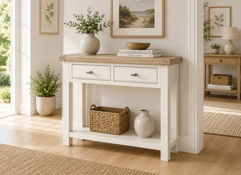 Windsor Condole Table With Drawers - Rustic Country Style Occasional Furniture With A Coconut White Frame & Oak Top –  (GLH)