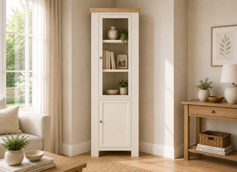 Windsor Corner Display Cabinet - Rustic Country Style Occasional Furniture With A Coconut White Frame & Oak Top –  (GLH)