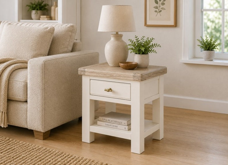 Windsor Lamp Table With Shelf - Rustic Country Style Occasional Furniture With A Coconut White Frame & Oak Top –  (GLH)