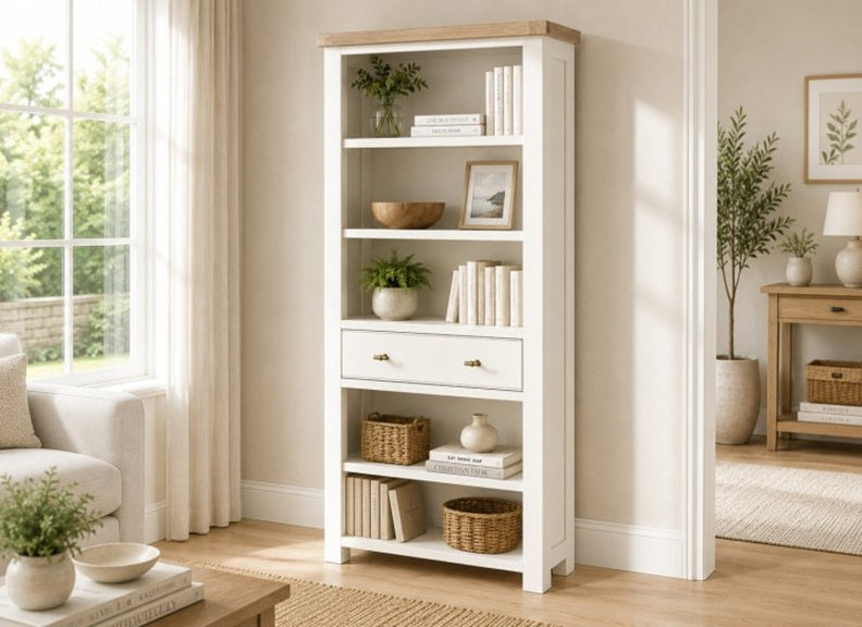 Windsor Bookcases - Rustic Country Style Occasional Furniture With A Coconut White Frame & Oak Top –  (GLH)