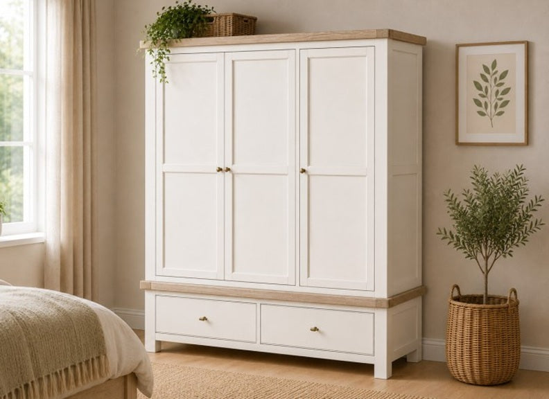 Windsor Triple Wardobe With A Coconut White Frame & Oak Top – Rustic Country Style Bedroom Furniture (GLH)