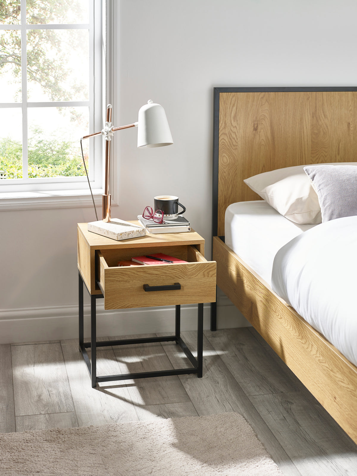 Harlow 1 Drawer Bedside Table – Light Oak Effect with Black Frame