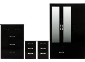 Nevada Black Gloss 3 Door 2 Drawer Mirrored Wardrobe Bedroom Set